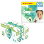 Pampers Blöjset Harmonie storlek 5, 11-16 kg (152 blöjor) och våtservetter Aqua 720 våtservetter (15 x 48 st.)