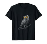 Owl on a branch with vintage camera lenses as eyes T-Shirt