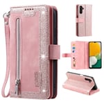 För Samsung Galaxy S24 FE Fodral med Dragkedja och 9 Kortplatser – RoseGold Rosa guld