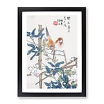 Two Birds Upon A Rose Bush By Ren Yi Asian Japanese Framed Wall Art Print, Ready to Hang Picture for Living Room Bedroom Home Office Décor, Black A3 (34 x 46 cm)