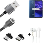 Magnetic charging cable + earphones for Huawei Mate 20 Lite + USB type C a. Micr