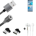 Magnetic charging cable + earphones for Huawei Mate 40E 5G + USB type C a. Micro