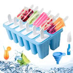 Ice Lolly Maker Moulds Silicone 12 Cavities Baby Ice Lolly Moulds Bpa Free Ice Lolly & Ice Cream Moulds Reusable Ice Pop Mould Popsicle Mould Silicone with Cleaning Brush and Folding Funnel Blue
