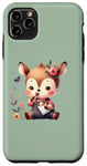 Coque pour iPhone 11 Pro Max Dessin animé de cerf mignon vert profitant d'une friandise et de fleurs