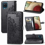 LMFULM® Case for Samsung Galaxy A12 / SM-A125 (6.5 Inch) PU Leather Cover Magnetic Wallet Case Phone Protective Case Mandala Embossing Design Stent Function Flip Case Black