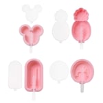 4 Pieces Silicone Ice Lolly Mould, Reusable Ice Cubes Tray Freeze Mold DIY Ice Cream Mould with 10 Plastic Stick, Cartoon Rat, Strawberry, Pineapple and Classic Oval, Pink and Blue