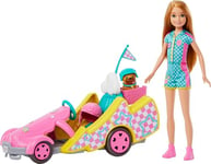 Barbie Stacie Doll with Go-Kart Car with Rolling Wheels, Dog, Accessories, & Sticker Sheet, 9-Piece Toy Set, HRM08