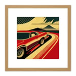 Japan Retro Muscle Car Mount Fuji Illustration Classic Square Wooden Framed Wall Art Print Picture 8X8 Inch