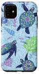 Coque pour iPhone 11 Tortue de mer mignonne florale bleue corail et coquillages