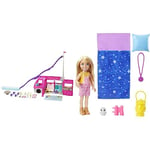 Barbie Camper | DreamCamper Vehicle Playset | 60+ Barbie Accessories and Furniture Pieces | 7 Play Areas Including Pool and Slide& It Takes Two Chelsea Camping Doll with Pet Owl & Accessories