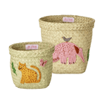 RICE Rice raffia förvaringskorg rund 2 delar Animal Embroidery-Pink-orange