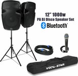 Vocal-Star PA Active 12" Speakers System Bluetooth MP3 1000W Inc Stands DJ Disco