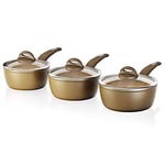 Tower T81212GD Cerastone Induction Saucepan Set, Non Stick Ceramic Coating, Easy to Clean, Dishwasher Safe, Gold, 3 Piece, 18/20/22 cm