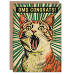 Congratulations Card Pop Art Cat Scream OMG Fun Green Bold Greeting Card