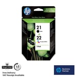Genuine HP 21 Black & HP 22 Colour Ink Cartridges for Deskjet 1500 3900 3910