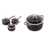 Tower T800001RB Saucepan Set, Aluminium, Black and Rose Gold & T800002RB Casserole Dish with Lid, Linear Collection, Aluminium, Black and Rose Gold, 5 Litre
