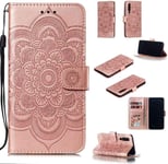 Portefeuille Coque Pour Huawei P30 Smartphone Magnétique Pu Cuir Etui Rabat Avec Fente Pour Carte Et Dragonne Mandala Fleur Motif-Or Rose