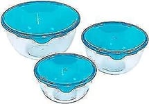 Pyrex Glass Bowl With Blue Lid Microwavable Set of 3 Pieces Dishwasher Safe