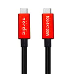 NÖRDIC 1m USB3.2 Gen2 SuperSpeed USB 10 Gbps USB-C til C nylonflettet kabel med strømforsyning 100W 4K60Hz video og Emarker