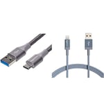 Amazon Basics Câble en nylon à double tressage USB de type C vers port de type A 3.1, 1,8 m, Gris foncé & Câble USB A vers Lightning en nylon tressé Chargeur certifié MFi pour iPhone Gris foncé 1,8 m