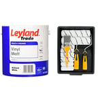 Leyland Trade Vinyl Matt Emulsion Paint - Brilliant White 2.5L & Coral 10501 Paint Kit with Headlock and Mini Roller Frame and Hybrid Brush, Set of 12 Pieces