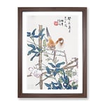 Two Birds Upon A Rose Bush By Ren Yi Asian Japanese Framed Wall Art Print, Ready to Hang Picture for Living Room Bedroom Home Office Décor, Walnut A3 (34 x 46 cm)