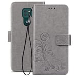 FANFO® Case for Motorola Moto G9 Play, [3D Lucky Flower] Cover TPU & Premium PU Leather Flip Wallet with Magnetic Closure, Card Slots Money Pouch and Stand Feature, Grey