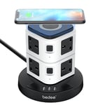 Extension Plug Tower, bedee Surge Protected Extension Lead with USB Slots, Tower Power Strip with 10W Wireless Charging, 3 USB Slots and 8 Way Outlets, 3M Extension Cord