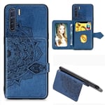 MDLIX YSJ AYT For OPPO A91/F15/Reno 3 Mandala Embossed Magnetic Cloth PU + TPU + PC Case with Holder & Card Slots & Wallet & Photo Frame & Strap(Black) (Color : Blue)