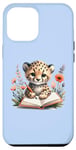 Coque pour iPhone 14 Plus Adorable guépard écrit dans un carnet sur fond bleu