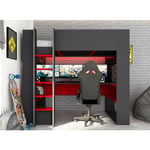 Lit mezzanine Gamer pour enfant Noir graphite et Rouge avec bureau Noir et Rouge