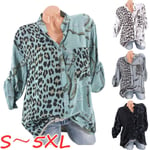 Autumn Women Casual Leopard Printing Splice Shirt Gray 5xl