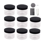 ZMCYN 8 Pack 8 Ounce（250ml）Round Clear Plastic Jars with Black Lids, Food Storage Jars for Spice, Sweet, Seasoning, Leak-Proof, Cosmetic Jars for Cream Lotion, Body Scrub