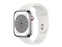 Apple Watch Series 8 (GPS + Cellular) - 45 mm - rostfritt stål i silver - smart klocka med sportband - fluoroelastomer - vit - bandstorlek: standard - 32 GB - Wi-Fi, LTE, Bluetooth, UWB - 4G - 51.5 g