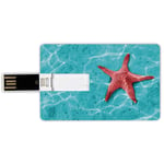 32G USB Flash Drives Credit Card Shape Starfish Decor Memory Stick Bank Card Style Red Starfish in Vibrant Blue Water Sun Rays Reflection Aquatic Tropical Life Decorative,Aqua Red Waterproof Pen Thumb
