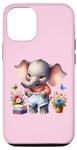 Coque pour iPhone 15 Bébé éléphant rose en tenue, fleurs et papillons