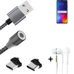 Magnetic charging cable + earphones for Lenovo K10 Note + USB type C a. Micro-US