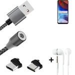 Magnetic charging cable + earphones for Lenovo K13 Note + USB type C a. Micro-US