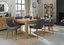 Bentley Designs Turin Light Oak 6-10 Seater Extending Dining Table with 8 Cezanne Dark Grey Faux Leather Chairs - Gold Legs