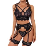 Dam Spets-BH G-string Strings med Strumpeband Underkläder Set Sexiga underkläder Black M