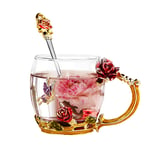 Flower Tea Cup, Handmade Glass Enamel Coffee Mugs with Spoon Enamel Glass Mug for Women Birthday Valentines Wedding