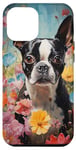 Coque pour iPhone 15 Plus Motif terrier de Boston dans un jardin fleuri pour les amateurs d'art de chiens
