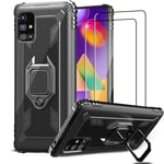 IMBZBK Cover for Samsung Galaxy M31s Case + [2 Pack] Samsung Galaxy M31s Screen Protector Tempered Glass, [360 Degree Rotation Finger Ring Kickstand] [Military Grade Shockproof Drop Protection] -Black