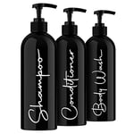 Alora Home Essentials Reusable Shampoo and Conditioner Bottles - Set of 3 Matte Black Permanent Stylish Labels 16oz Pump Bottle Dispenser, Body Wash Plastic Refillable (MBBW16)