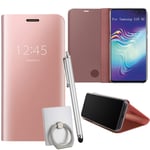 Guran PU Leather Case for Samsung Galaxy S10 (5G) Smartphone Ultra Slim PC Shell Electroplate Mirror Clear View Flip Hard Case Kickstand Shockproof Cover - Rose Gold