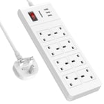 Extension Lead 3M, 8 Gang Plug Extension with USB(3 x 3.1A), Multi Plug Socket Extensions, Power Strip Wall Mountable, Electric Power Extension, 3 Metre Long Extension Cable for Desktop Home Office