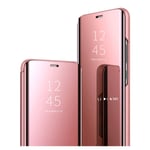 GOGME Case Suitable for OnePlus 9 5G, Clear View Standing Case with Display Window, Mirror Smart Flip Case Shockproof Cover with Foldable Kickstand. Rose Gold
