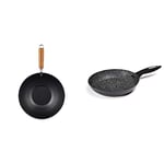 Ken Hom KH331001 Carbon Steel Non Stick Wok | 31 cm | Classic | Non-Induction/Wooden Handle/Flat Base Pan | Includes 1 x Chinese Wok | Not Dishwasher Safe