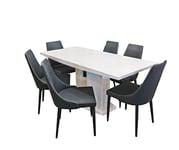 EXCLUSIVE High Gloss Extending Dining Table with Six Duncan Chairs, White/Dark Grey, 130-170cm