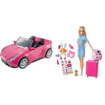 Barbie DVX59 Autre Glam Convertible Sports, Toy Vehicle for Doll, Pink Car & Travel Doll - Blonde Doll with Puppy & Opening Pink Suitcase - Collapsing Handle - Sticker Sheet - Gift for Kids 3+